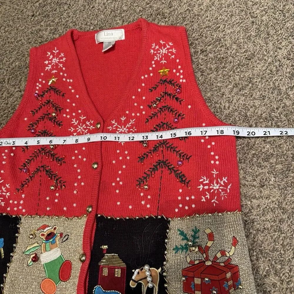 VTG Lisa International Sz PM Ugly Christmas Sweater Vest‎ Real Jingle Bells Snow
